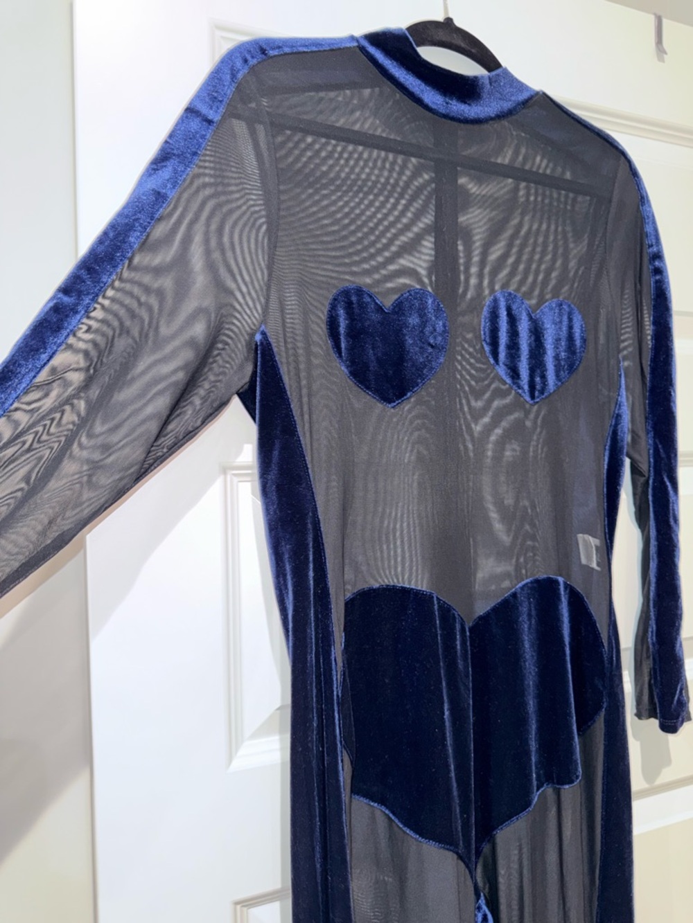 Sheer Mesh Jumpsuit with Velvet Heart Appliqués - Navy